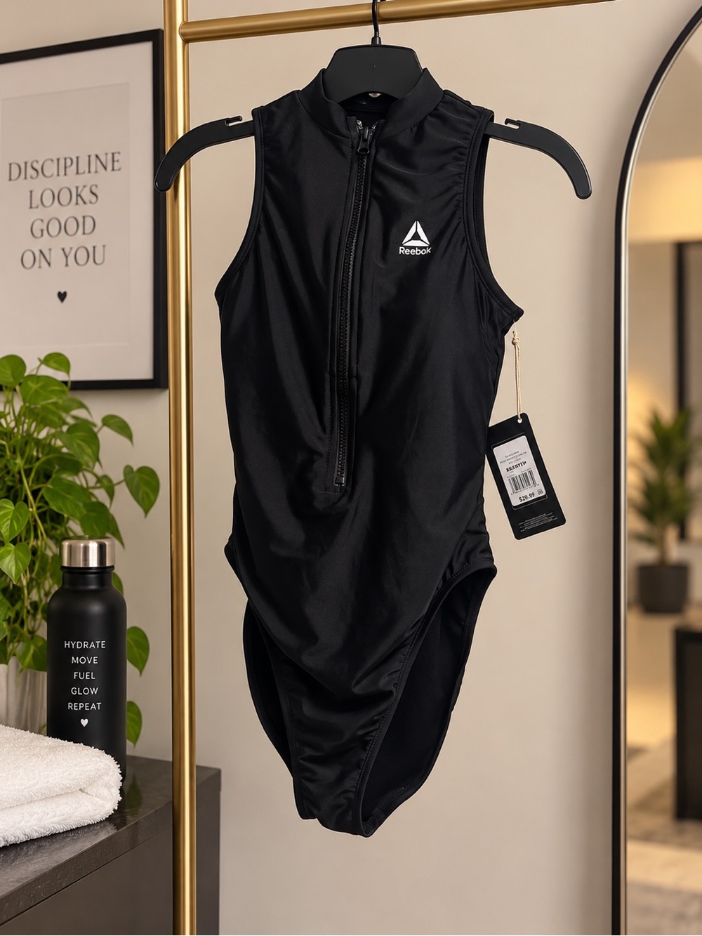 Reebok Black Sleeveless Zip-Front Athletic swim suit